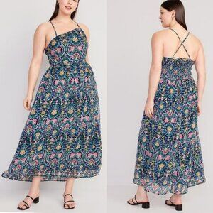 Old Navy Women One Shoulder Floral Dress Plus 2X Fit & Flare Straps Cross Blue